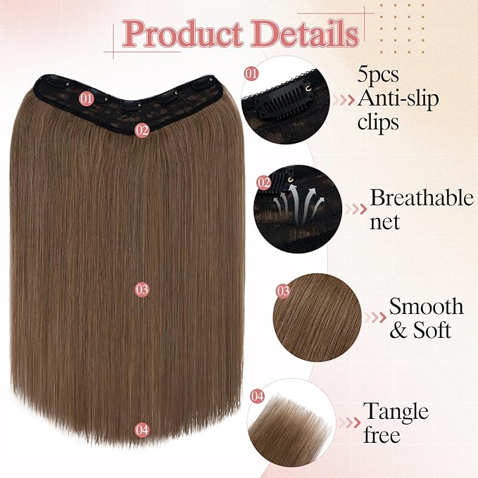 One Pieces Clip in Hair Extensions Human Hair Upgraded V-Shaped 5 Clips in Hair Extensions Human Hair Long One Piece Hairpiece for Women,16 Inch,#06 Light Brown,65g