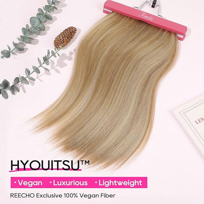 REECHO 16" Invisible Wire Hair Extensions with Thinner Softer Lace Weft Adjustable Size Removable Secure Clips in Short Straight Secret Hairpiece for Women - Golden Blonde with Highlights