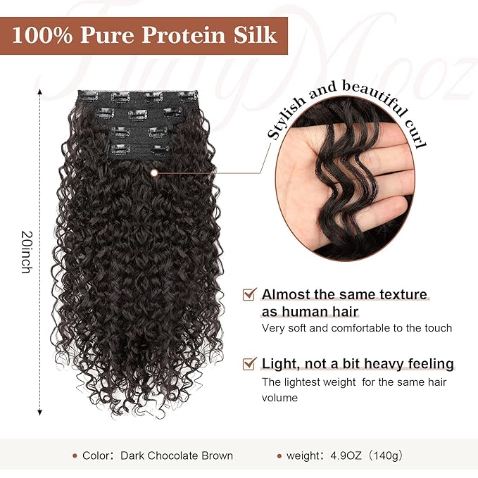 Clip in Hair Extensions, FLUFYMOOZ 4PC 100％ Pure Protein Silk Hair Extensions Long Soft Natural Hairpiece 20 Inch Curly Hair Extension for Women (Dark Chocolate Brown)