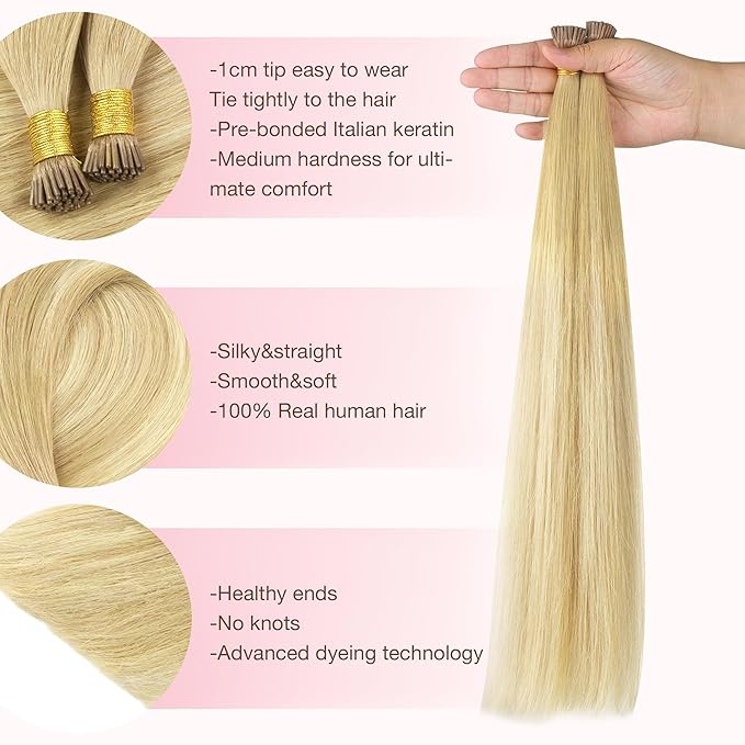 GOO GOO I Tip Hair Extensions Real Human Hair, 14inch 50g, Cold Fusion I Tip Hair Extensions, 18AT60A Pearl Ash Blonde Highlights