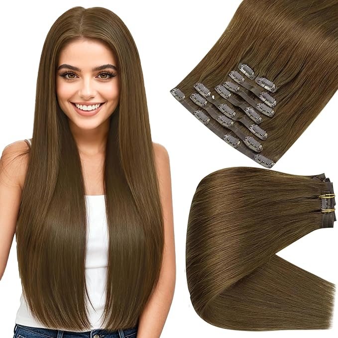 Full Shine Clip in Hair Extensions Real Human Hair Medium Brown Seamless Hair Extensions Clip in Straight Seamless Human Hair Clip ins 16 Inch 120 G 8 PCS