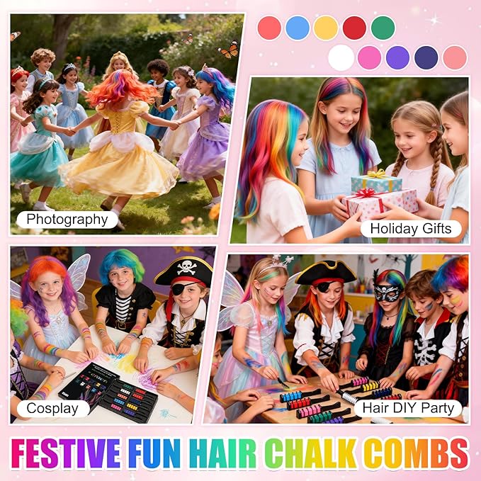 Festive Fun Hair Chalk Combs,2026 NewTemporary Glitter Hair Colors Hair Chalk Combs,Hairs Chalk for Girl,Washable DIY Hair Color Dye for Birthday Christmas Party Gifts for Teenage Girls Kid(10 Colors)