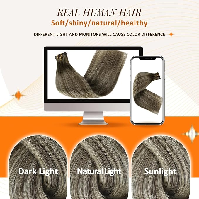 Full Shine Balayage Clip in Hair Extensions 22 Inch Ash Brown to Platinum Blonde Seamless Hair Extensions Clip in Long Hair for Women 8 PCS 120 G