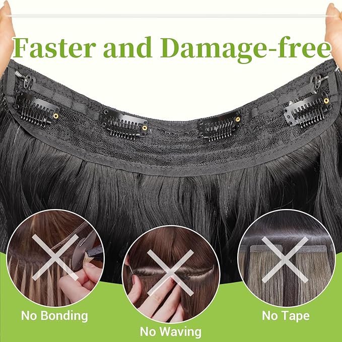 KooKaStyle Invisible Wire Hair Extensions with Transparent Wire Adjustable Size 4 Secure Clips Long Wavy Secret Hairpiece (24 Inch, Black)