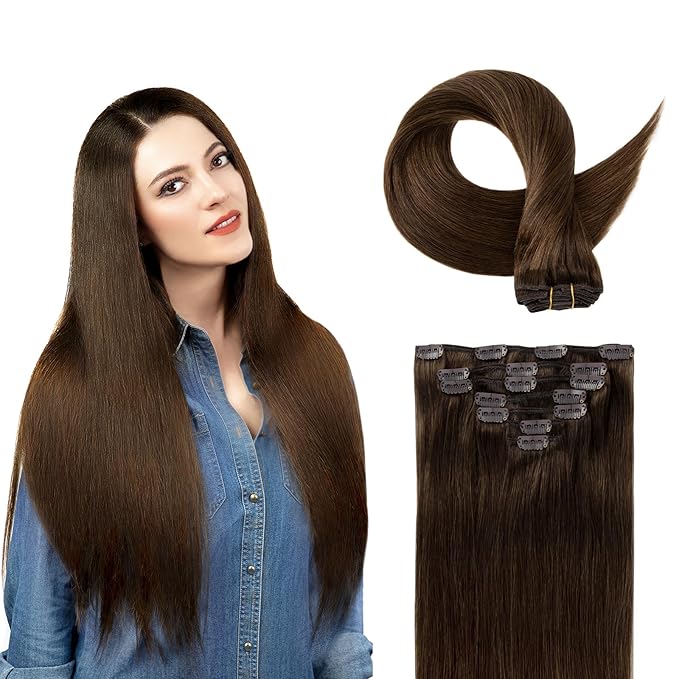 Clip in Hair Extensions Real Human Hair, 100% Remy Chocolate Brown Hair Extensions for Long Hair, Tangle-free&Shedding-free, #4 24Inch 120G 7PCS
