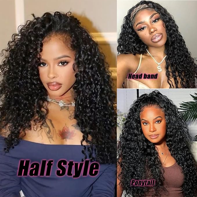 SENSAIRUITE Deep Wave Half Wig Human Hair Curly Half Wigs for Women - Upgrade Drawstring 3 in 1 Seamless Flip Over Glueless Wig 12-inch Natural Black