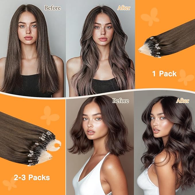 DOORES MicroBead Hair Extensions Real Human Hair, Chocolate Brown 16 Inch 50g/50s, Silky Straight Real Hair Extensions, Invisible Hair Extensions Human Hair