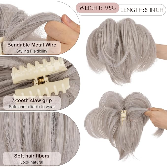 Claw Clip Short Ponytail Hair Extensions Messy Bun Hair Piece Pony Tails Hair Extensions with Bendable Metal Wire Hair Pieces DIY Style 8 Inch 88A/89A