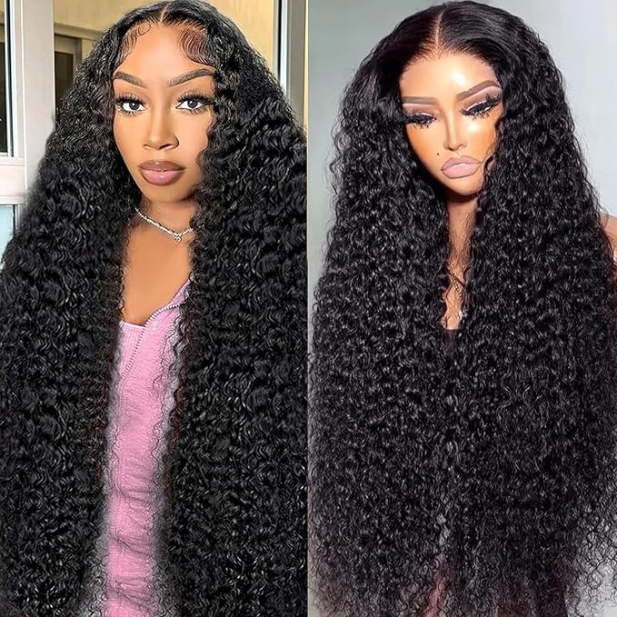13x6 Deep Wave Lace Front Wigs Human Hair 180 Density Pre Plucked HD Transparent Deep Curly Lace Frontal Human Hair Wig 34 Inch Natural Black Glueless Wigs with Baby Hair for Women
