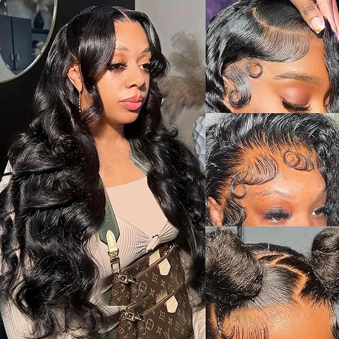 IUPin 250% Density 28 Inch Body Wave HD Lace Front Wigs Human Hair Glueless Wigs Pre Plucked 13x4 Transparent Body Wave Frontal Human Hair Wig with Baby Hair Lace Front for Black Women