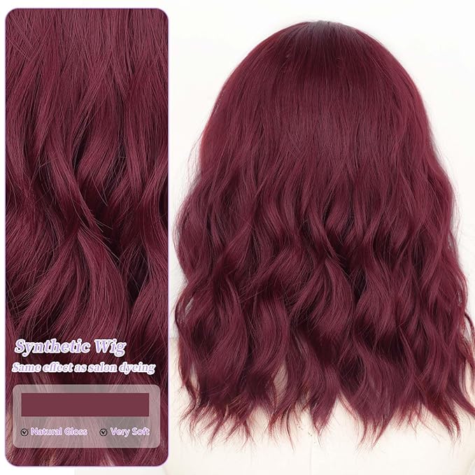 AISI HAIR 14 Inch Wine Red Wigs for Women - Shoulder Length Wave Wig with Pre-Cut Lace Hairline, Middle Part Natural Wavy Bob Synthetic Heat Resistant Fiber for Daily and Party