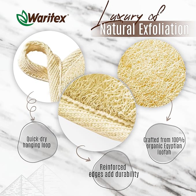 Waritex Egyptian Loofah Exfoliating Body Scrubber with Hand Strap, Oval Shower Pads Made from Natural Egyptian Loofah Fibers, Gentle Cleansing for Face and Body, for Men and Women 3 Count (1 Pack)
