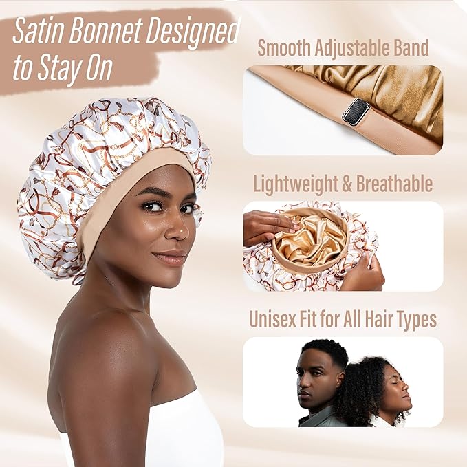 CAPLORD Double Sided Satin Bonnet for Sleeping - Adjustable Silk Sleep Cap for Women and Men