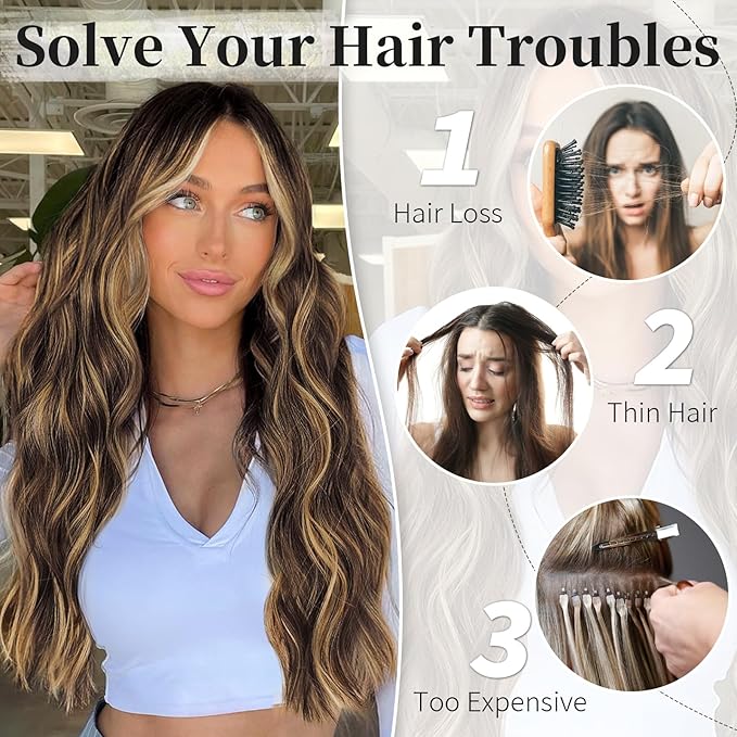 KooKaStyle Invisible Wire Hair Extensions with Transparent Headband Adjustable Size 4 Secure Clips Long Wavy Secret Wire Hairpiece 20 Inch Chestnut Brown with Blonde Highlights for Women