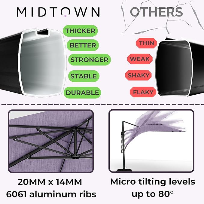 Midtown Umbrellas 9 x 9 Ft Outdoor Cantilever Patio Umbrella w/Terylast Purple Texture Fabric - Tilt 360° Offset Patio Umbrella, Deck Patio Umbrella, Backyard Umbrella & Garden Umbrella - Black Frame