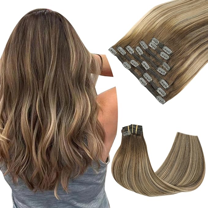 Clip in Hair Extensions Real Human Hair,Balayage Chocolate Brown To Caramel Blonde, 22 Inch 160g Natural Straight Clip On Hair extensions 7pcs Per Set with 19 Clips (H#4/27/4,22")