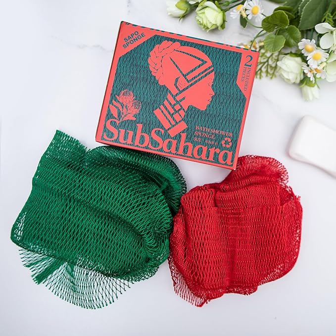 SubSahara Authentic African Net Sponge - 2 Pack Exfoliating Bath & Shower Loofah Sponge for Body & Face, Gentle Scrubber for All Skin Types, Travel, Durable (Red & Green)