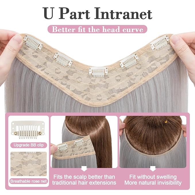 S-noilite One Piece Clip in Hair Extensions 18 Inch Grey U-Shaped One Piece Weft Hair Extensions with 5 Clips Synthetic 3/4 Full Head Long Straight Clip in Hairpieces for Women,#503/88A