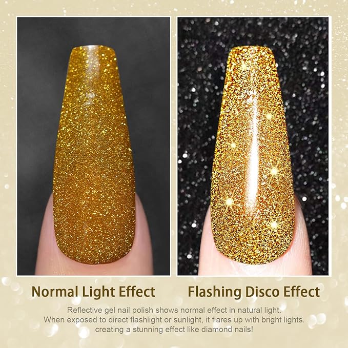 RARJSM Gold Glitter Gel Nail Polish,Reflective Gel Nail Polish,Flash Diamond Nail Gelpolish Soak off Disco Shimmer Gelpolish UV LED Curing Requires 15ml for Home Salon Diy Nail Manicure Decoration
