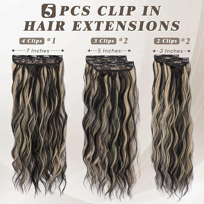 BARSDAR Black and Blonde Clip in Hair Extensions - Black Blonde Highlights Long Wavy Clip in Hair Extensions for Women - 20 Inch 5 PCS Thick Soft Synthetic Hairpieces Daily Party Halloween