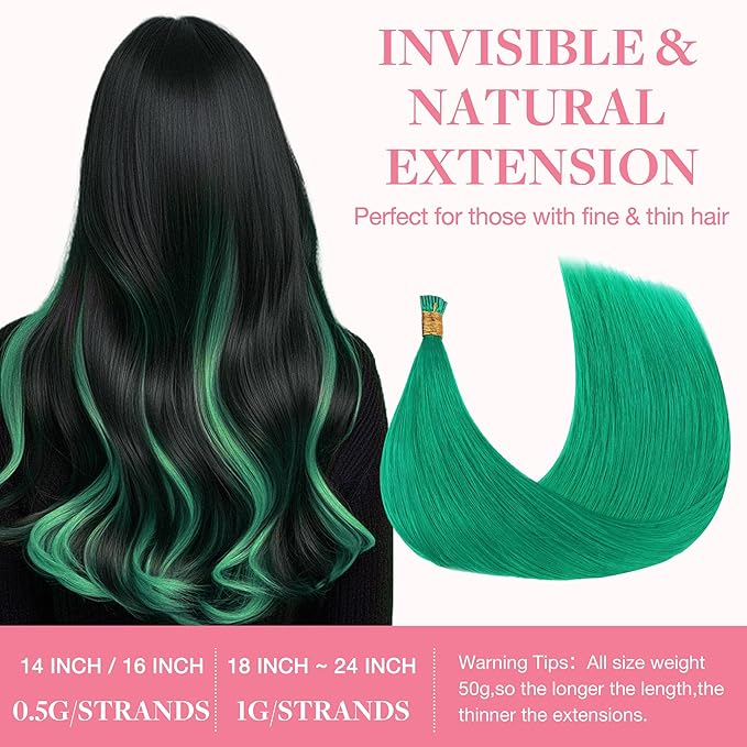 GOO GOO Colored I Tip Hair Extensions, Real Human Hair, 16inch 50g 100S, Cold Fusion, Invisible Remy, Green