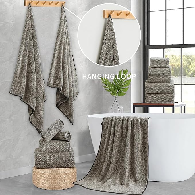 Ultra Soft Bath Towel Set,12 Piece (4 Bath Towels,4 Hand Towels,4 Washcloths) Family Bathroom Towels Set with Hanging Loop,Quick Dry Extra Absorbent Shower Towel for Bathroom,Hotel,Spa-Dark Brown