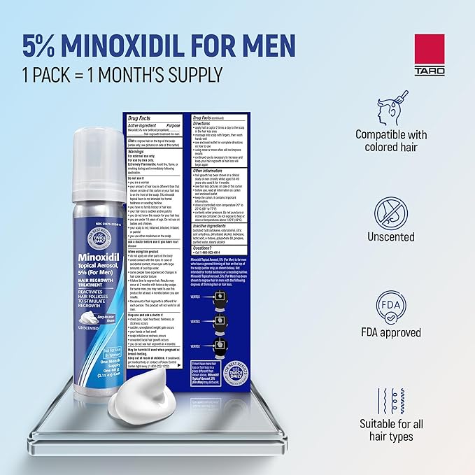 Minoxidil Topical Aerosol Foam, 5%, Hair Regrowth 3 Months Treatment for Men, 2.11 oz (3 Pack)