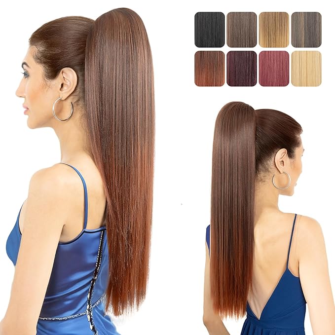Ponytail Extension, 24" Long Straight Claw Clip Ponytail Extension clip on ponytails hair clip Hair claw clip Fake Ponytail Hairpieces for Women – Dark Brown with Copper Red End