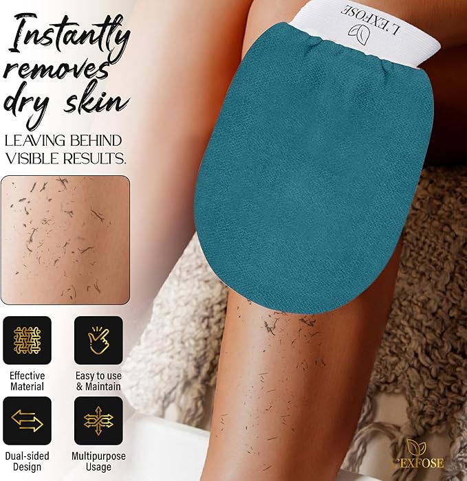L'Exfose Kessa Hammam Deep Exfoliating Glove for Shower - Korean Exfoliating Mitt Body Scrubber Ideal for Dead Skin Remover, Keratosis Pilaris & Self-Tanning (Cyan Blue & Ivory)