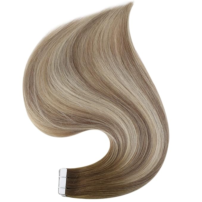 Full Shine Ombre Tape in Hair Extensions Human Hair 20Inch Brown to Blonde Highlighted Invisible Hair Extensions Real Human Hair Tape in 20Pcs 50Grams Seamless Skin Weft Hair Add Length