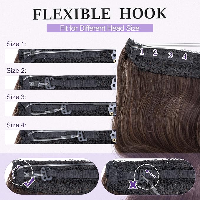 Halo Hair Extensions Real Human Hair,Halo Hair Extension 100% Human Hair,Wire Hair Extensions,Wavy 02 Dark Brown 18Inch/65g