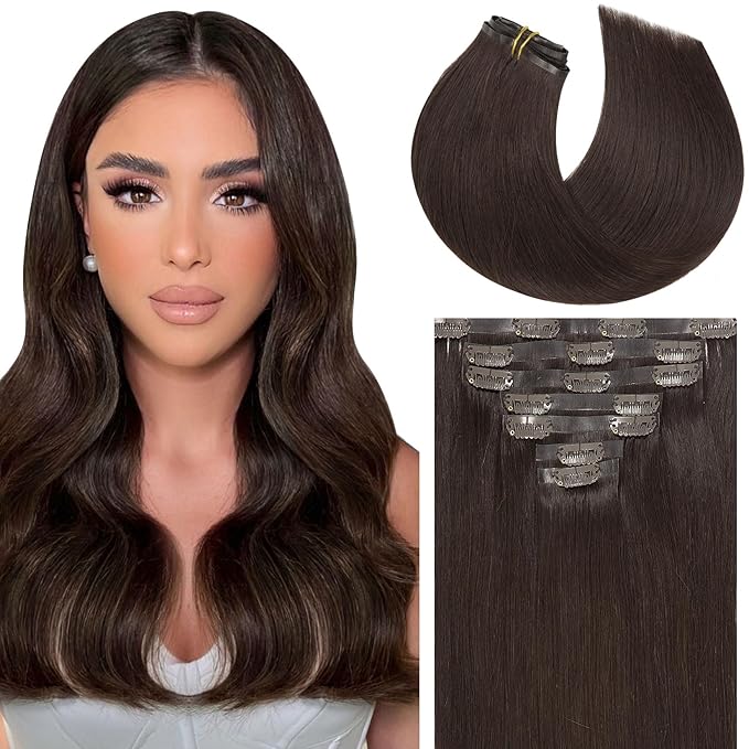 Caliee Clip in Human Hair Extensions - 16 Inch 110G 7Pcs Fluffy & Not Tangled Seamless Remy Hair - Color 2A Light Dark Brown PU Skin Weft Natural