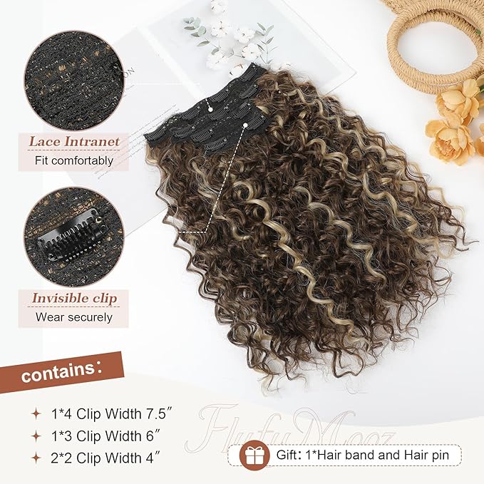 Clip in Hair Extensions, FLUFYMOOZ 4PC 100％ Pure Protein Silk Hair Extensions Long Soft Natural Hairpiece 16 Inch Curly Hair Extension for Women (Medium Brown Ash Blonde Highlight)