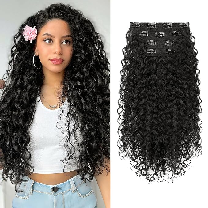 Clip in Hair Extensions, FLUFYMOOZ 4PC 100％ Pure Protein Silk Hair Extensions Long Soft Natural Hairpiece 20 Inch Curly Hair Extension for Women (Black Brown)