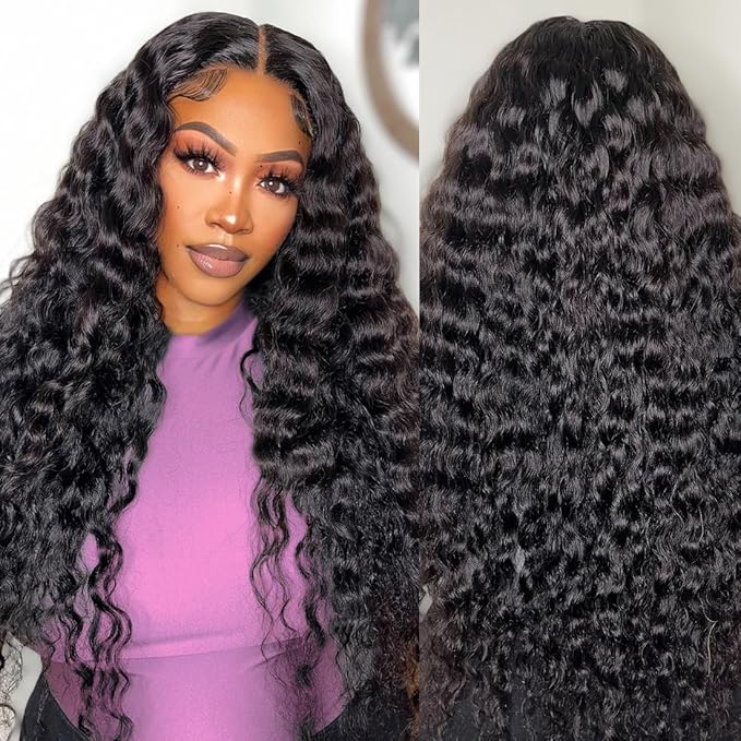 30 Inch 13×6 HD Lace Front Wigs Human Hair Water Wave 200 Density Lace Frontal Wigs Pre Plucked Deep Curly Human Hair Wig for Women Natural Black