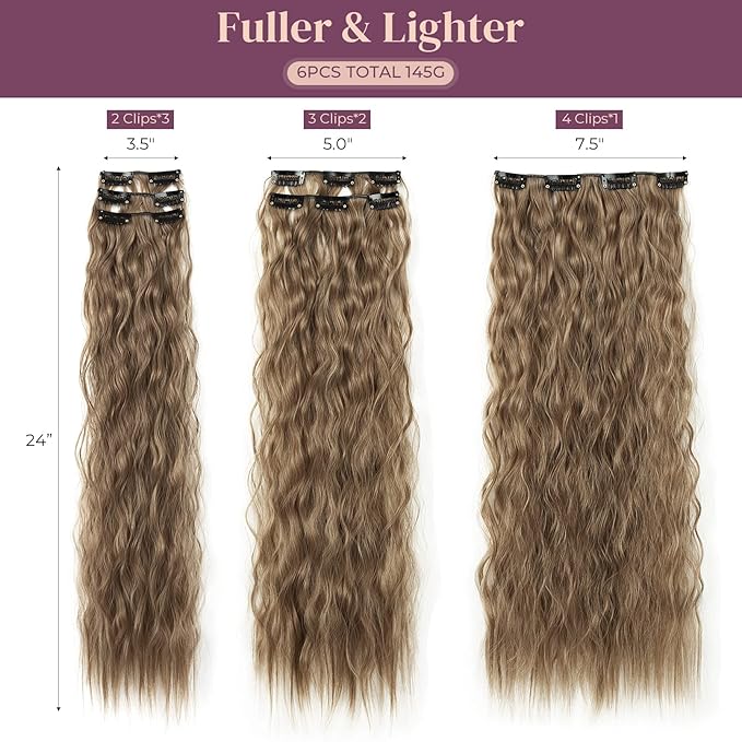 LONAI Clip In Hair Extensions, 6PCS Curly 24" Long Synthetic Clip On Hairpiece For Women-Dark Ash Blonde with Hightlights