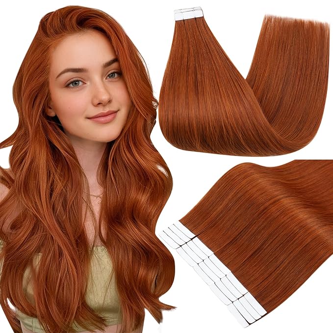 Full Shine Tape in Hair Extensions Human Hair Color 550 Copper 10 Inch Invisible Double Sided Tape Ins Human Hair Extensions 30Grams Straight Remy Seamless Skin Weft Extensions 20PCS for Party