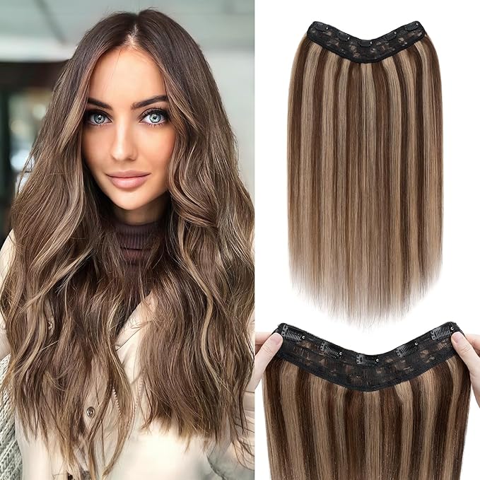 Benehair One Piece Clip in Hair Extensions Real Human Hair 3/4 Full Head V Shaped Weft Thicker Hair Lace Net One Piece Hair Extensions with 5 Clips (16"-65g #4P27 Medium Brown Mixed Dark Blonde)