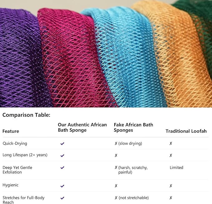 African Exfoliating Net Sponge Authentic – 2 Pieces African Bath Sponge with Knots, Quick-Drying Body Scrubber, 45 inches Stretch Exfoliating Washcloth Loofah for Women & Men (Black+Pink)