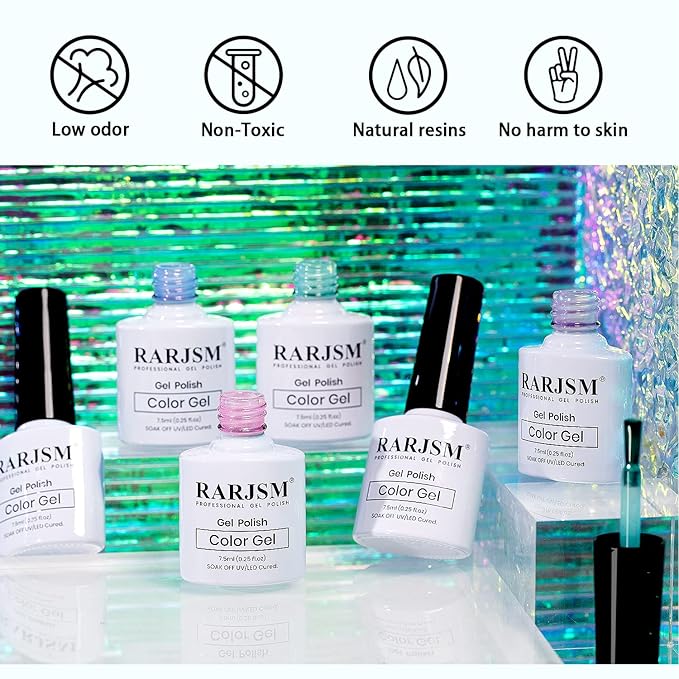 RARJSM Pearl Gel Nail Polish Set Clear Shell Glitter Gel Polish 6 Colors Pearlescent Pink White Blue Purple Silver Gold Shimmer Mermaid Swirl Thread Effect Soak Off Curing Requires Home Salon