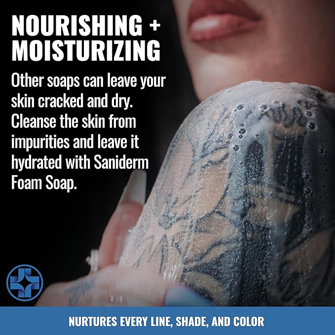 Saniderm Foaming Tattoo Soap (32oz Shop Size) – Gentle Soap for Tattooed Skin, Infused with Antimicrobial Colloidal Silver, Aloe Vera, and Nourishing Sea Buckthorn Oil