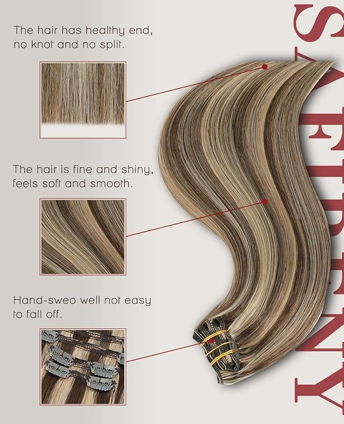 Clip In Hair Extensions Real Human Hair, 20inch 160g 7pcs Hair Extensions Chocolate Brown Highlighted Caramel Blonde Extensions Clip ins, Real Extensions for Women(#4P27-20inch)