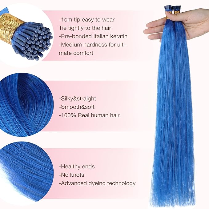 GOO GOO Colored I Tip Hair Extensions Real Human Hair, 18inch 50g 50S, Cold Fusion I Tip Hair Extensions, Invisible Remy Hair Extensions, Blue