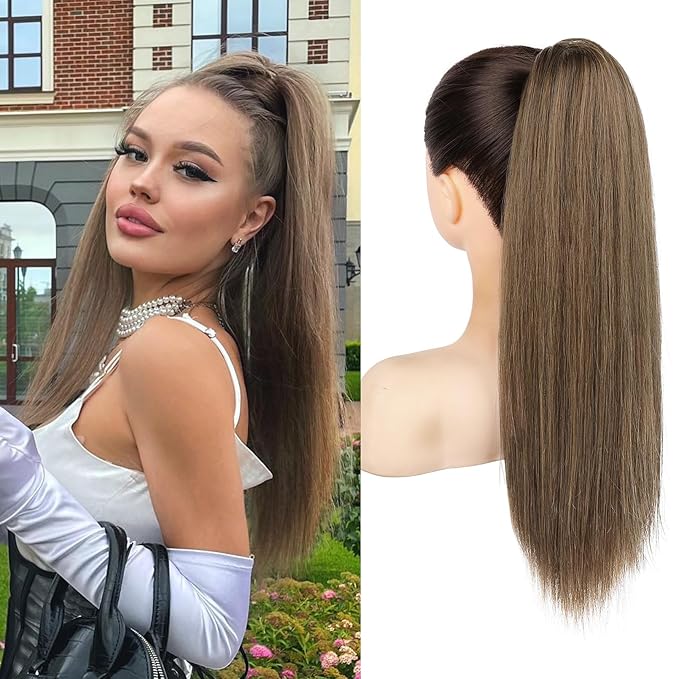 SEIKEA Ponytail Extensions Drawstring Long Straight Fake Pony Tail Natural Soft Clip in Hair Extension Synthetic Heat Resistant Hairpiece 20 Inch Dark Ash Blonde with Highlights