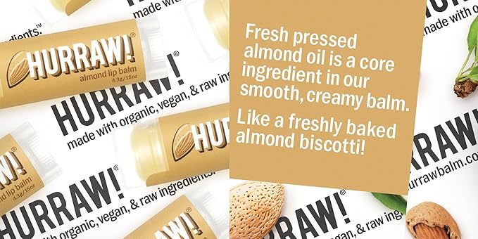 Hurraw! Almond Lip Balm, 2 Pack: Organic, Certified Vegan, Cruelty and Gluten Free. Non-GMO, 100% Natural Ingredients. Bee, Shea, Soy and Palm Free. Made in USA