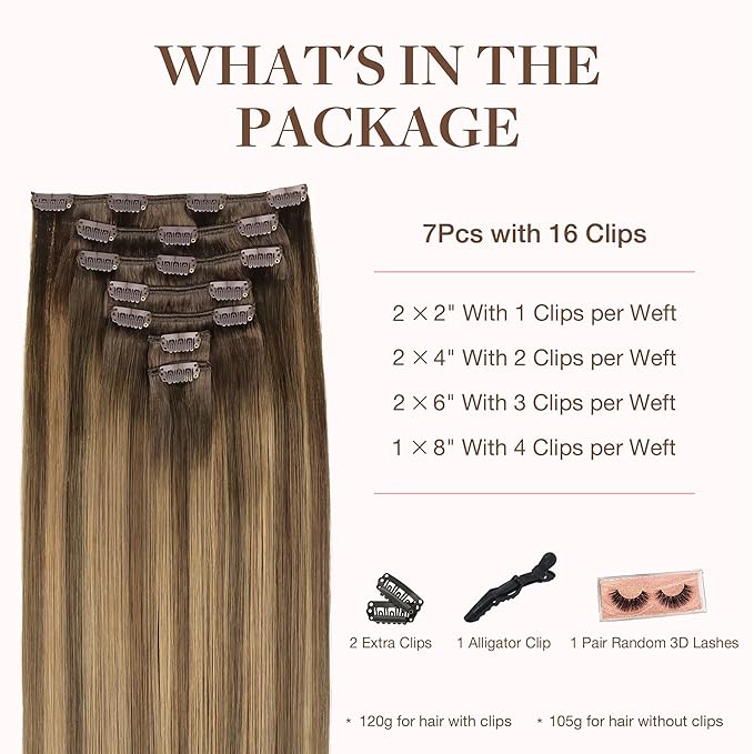 GOO GOO Clip in Hair Extensions Real Human Hair, Remy Human Hair Extensions Clip ins for Women, Natural Human Hair, 16inch 120g 7Pcs, 4D/14/5B Brunette Balayage