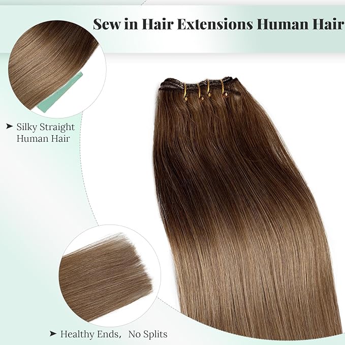 Ash Brown Bundles Human Hair Sew in Extensions Straight 16 Inch 100G Full Head Human Hair Weft Sew in Hair Extensions Real Human Hair Ash Brown Hand Tied Weft Extensions for Women