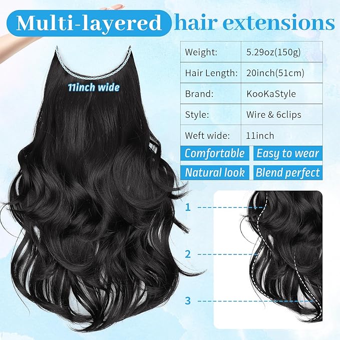 KooKaStyle Invisible Wire Hair Extensions Long Wavy Layered Synthetic Hair Extensions with Transparent Wire Adjustable Size 6 Secure Clips Black Hairpieces for Women 20 Inch