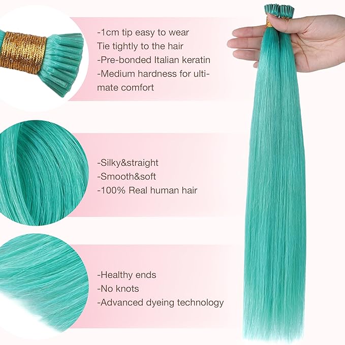 GOO GOO Colored I Tip Hair Extensions, Real Human Hair, 14inch 50g 100S, Cold Fusion, Invisible Remy, Teal Green