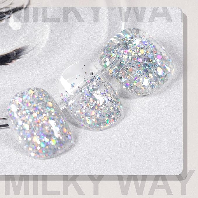 RARJSM Silver Glitter Gel Nail Polish Diamond Gelpolish Silver White Big Flakes Sparkly Chunky Iridescent Pigments Nail Gel Polish Soak off L e d U V Curing Required for Nail Art Salon Manicure